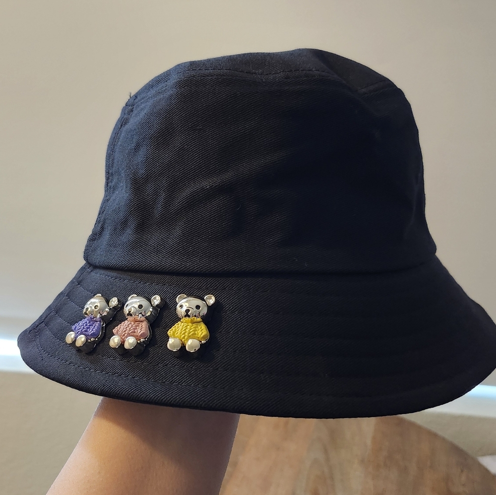 Black Bucket Hat with Teddy Bear Pins